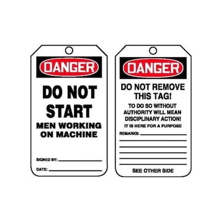 Accuform Safety Tags, DANGER DO NOT START MEN WORKING, 5.75in x 3.25in, Self-Laminating PF-Cardstock, 5PK MDT115LCM